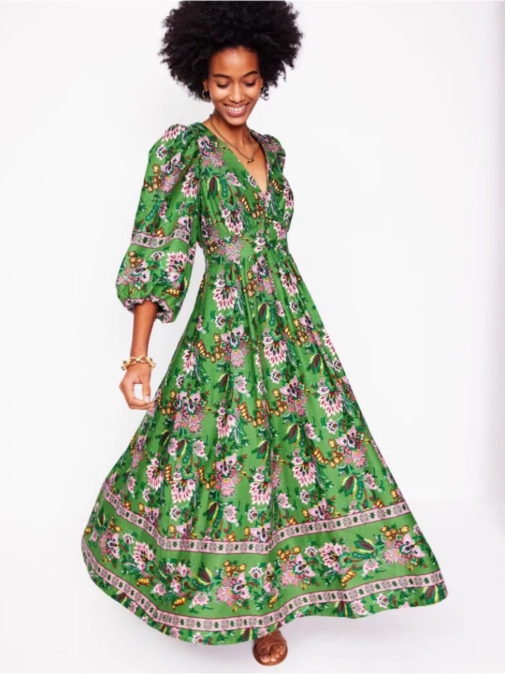 Boden Lola Blouson Maxi Dress—Green & Pinks Floral—Boho—Lagenlook—NWT—Size 6